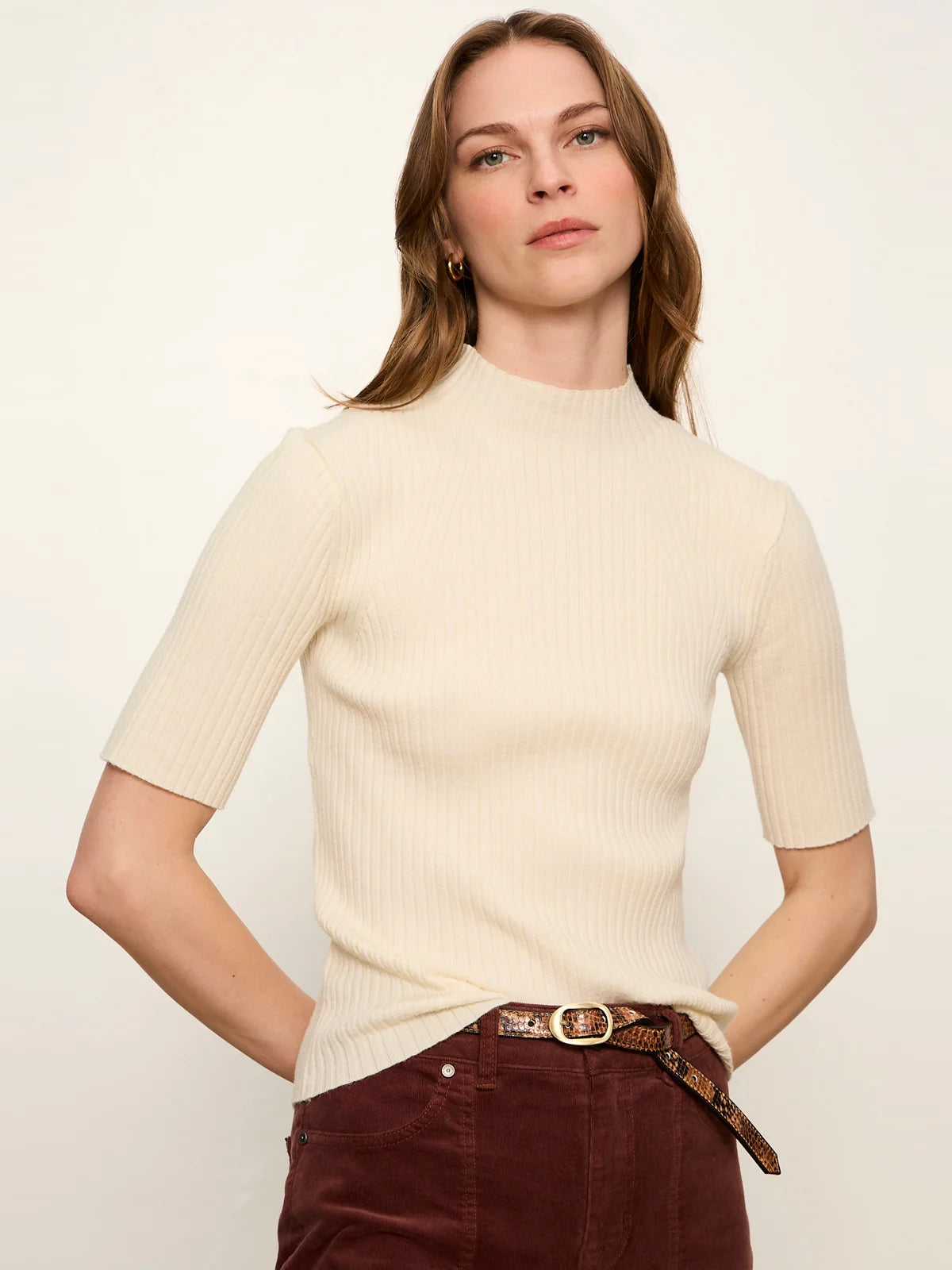 High Neck Ribbed Top Bone