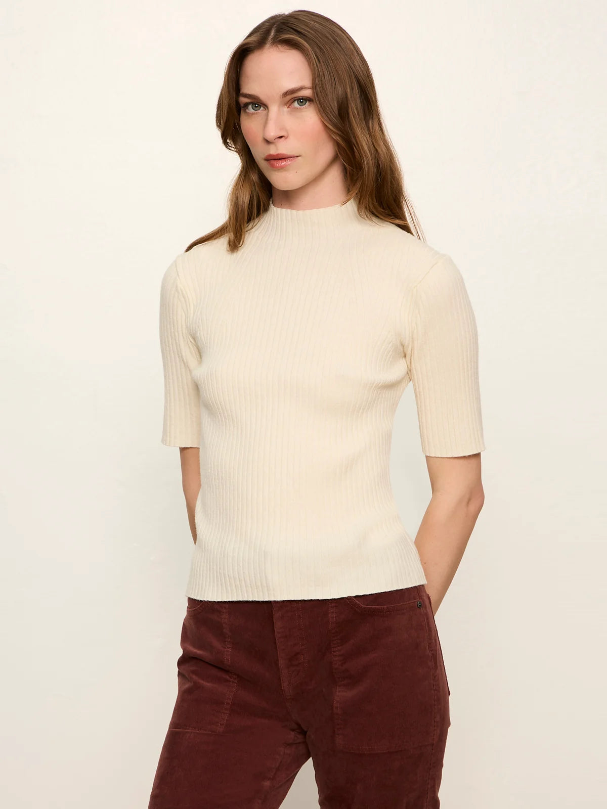 High Neck Ribbed Top Bone